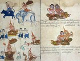 This divination manual contains horoscopes based on the Chinese zodiac, relating each lunar month to the animals of the 12-year-cycle and their reputed attributes (earth, wood, fire, iron, water) as well as a male or female avatar (representing the Chinese concepts of yin and yang).<br/><br/>

This manuscript from the 19th century also includes beautifully illustrated descriptions of lucky and unlucky matches of couples. The paintings on the left side depict the female avatar of the year of the pig riding on a blue hog, and illustrations of possible fates for people born in the year of the pig.<br/><br/>

On the right side are two ogres (phi suea) who will stay happily married until old age, whereas the relationship between a male ogre and a female angel (deva) is doomed to bad luck.